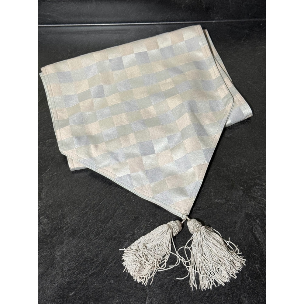 Silver Champagne Checkered Table RunnerTassels 13x60 Formal Dining Wedding Decor